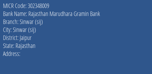 Rajasthan Marudhara Gramin Bank Sinwar Sij Branch Address Details and MICR Code 302348009
