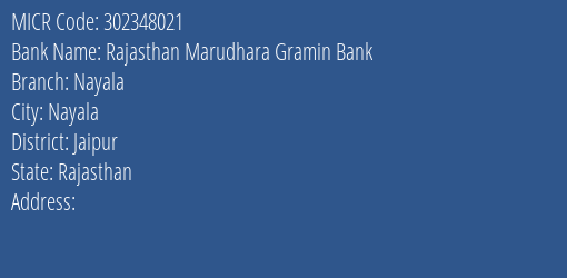 Rajasthan Marudhara Gramin Bank Nayala Branch Address Details and MICR Code 302348021
