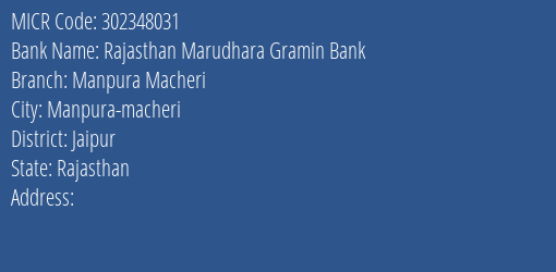 Rajasthan Marudhara Gramin Bank Manpura Macheri Branch Address Details and MICR Code 302348031