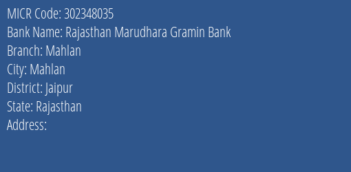 Rajasthan Marudhara Gramin Bank Mahlan Branch Address Details and MICR Code 302348035