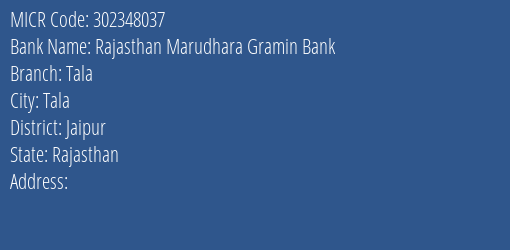 Rajasthan Marudhara Gramin Bank Tala Branch Address Details and MICR Code 302348037