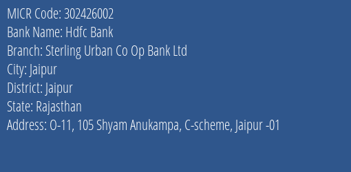 Sterling Urban Co Op Bank Ltd Shyam Anukampa MICR Code