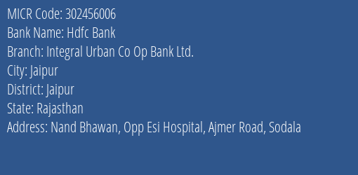 Integral Urban Co Op Bank Ltd Ajmer Road MICR Code