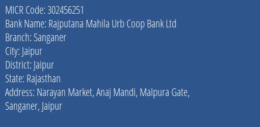 Rajputana Mahila Urb Coop Bank Ltd Sanganer MICR Code