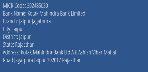 Kotak Mahindra Bank Limited Jaipur Jagatpura MICR Code