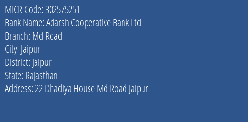 Adarsh Cooperative Bank Ltd Md Road MICR Code