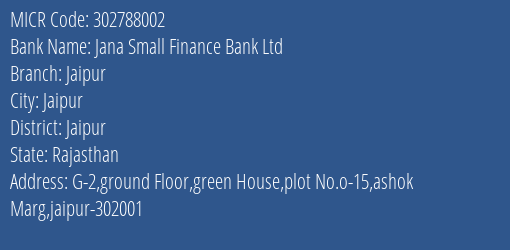 Jana Small Finance Bank Ltd Jaipur MICR Code