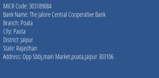 The Jalore Central Cooperative Bank Poata MICR Code