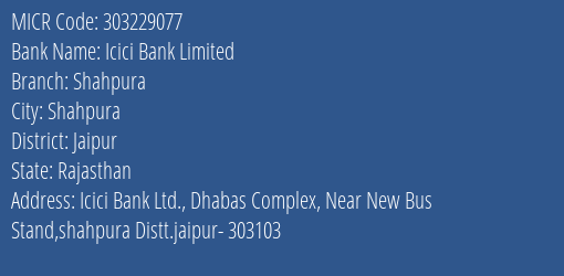 Icici Bank Limited Shahpura MICR Code