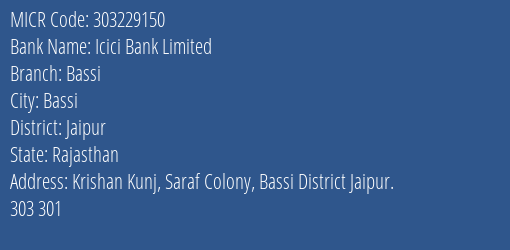 Icici Bank Limited Bassi MICR Code