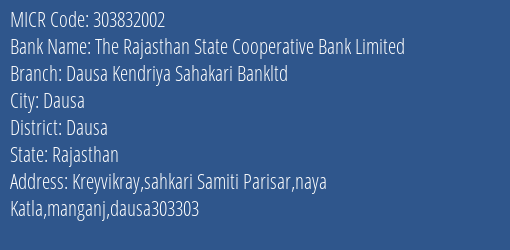 Dausa Kendriya Sahakari Bank Ltd Manganj MICR Code