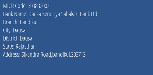 Dausa Kendriya Sahakari Bank Ltd Bandikui MICR Code