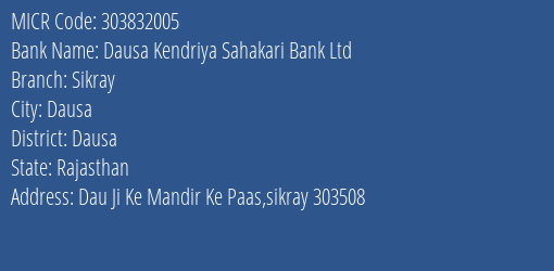 Dausa Kendriya Sahakari Bank Ltd Sikray MICR Code