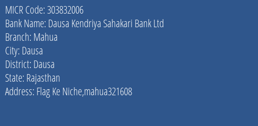 Dausa Kendriya Sahakari Bank Ltd Mahua MICR Code