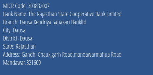 Dausa Kendriya Sahakari Bank Ltd Mandawar MICR Code