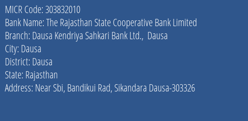 Dausa Kendriya Sahakari Bank Ltd Dausa MICR Code