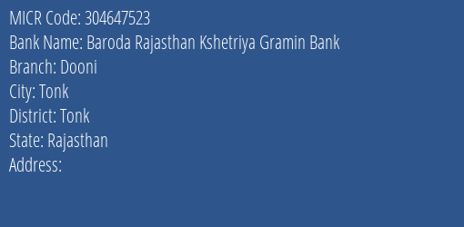 Baroda Rajasthan Kshetriya Gramin Bank Dooni MICR Code