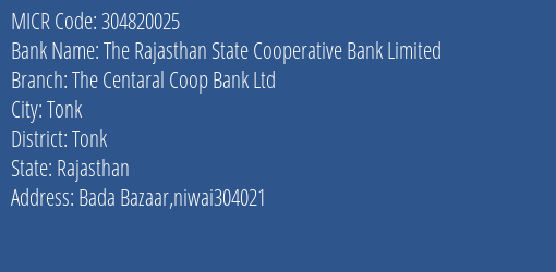 The Tonk Central Cooperative Bank Ltd Niwai MICR Code