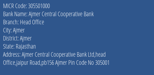 Ajmer Central Cooperative Bank Head Office MICR Code