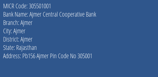 Ajmer Central Cooperative Bank Ajmer MICR Code