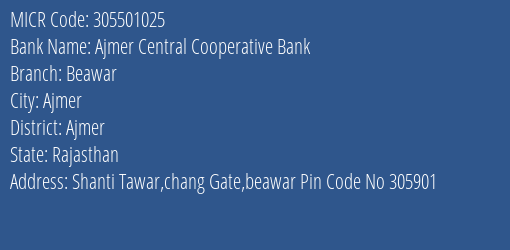 Ajmer Central Cooperative Bank Beawar MICR Code