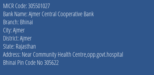 Ajmer Central Cooperative Bank Bhinai MICR Code