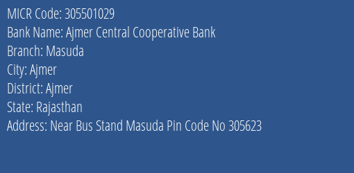 Ajmer Central Cooperative Bank Masuda MICR Code