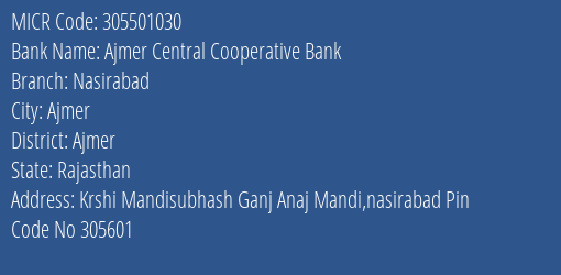 Ajmer Central Cooperative Bank Nasirabad MICR Code