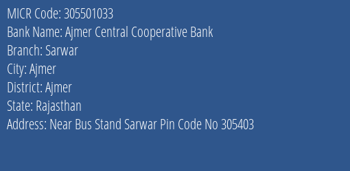 Ajmer Central Cooperative Bank Sarwar MICR Code