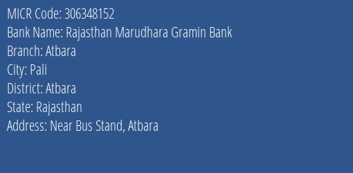 Rajasthan Marudhara Gramin Bank Atbara MICR Code