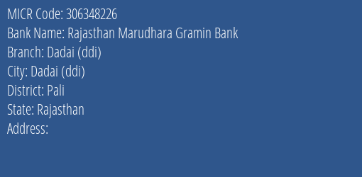 Rajasthan Marudhara Gramin Bank Dadai Ddi MICR Code