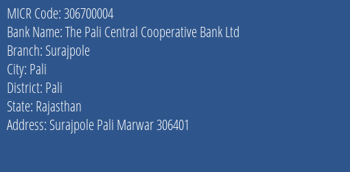 The Pali Central Cooperative Bank Ltd Surajpole MICR Code
