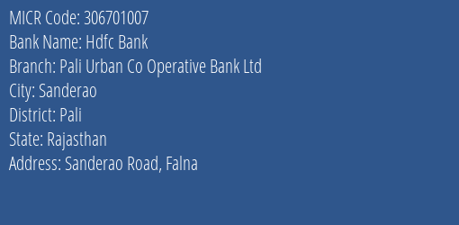 Pali Urban Co Operative Bank Ltd Sanderao Road Falna MICR Code