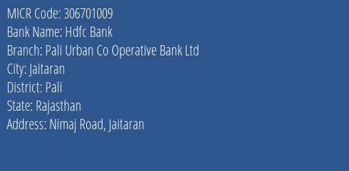 Pali Urban Co Operative Bank Ltd Nimaj Road MICR Code