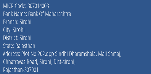 Bank Of Maharashtra Sirohi MICR Code