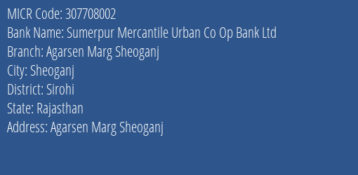 Sumerpur Mercantile Urban Co Op Bank Ltd Agarsen Marg Sheoganj MICR Code