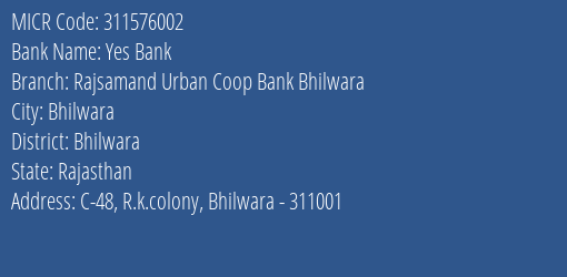 Rajsamand Urban Coop Bank Bhilwara MICR Code