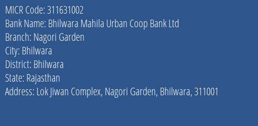 Bhilwara Mahila Urban Coop Bank Ltd Nagori Garden MICR Code