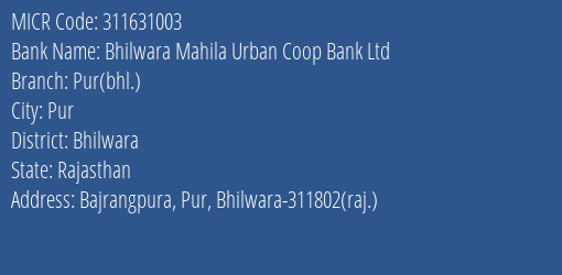 Bhilwara Mahila Urban Coop Bank Ltd Pur Bhl. MICR Code