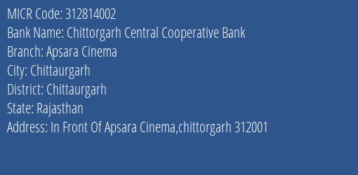Chittorgarh Central Cooperative Bank Apsara Cinema MICR Code