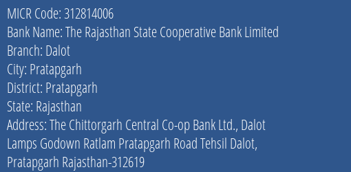 The Rajasthan State Cooperative Bank Limited Dalot MICR Code