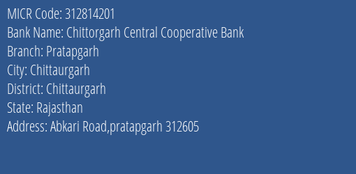 Chittorgarh Central Cooperative Bank Pratapgarh MICR Code