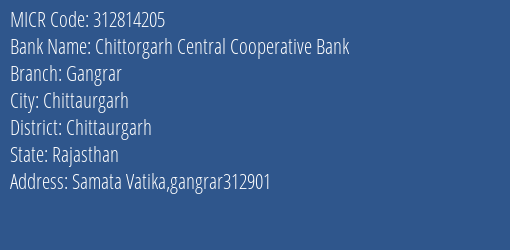 Chittorgarh Central Cooperative Bank Gangrar MICR Code