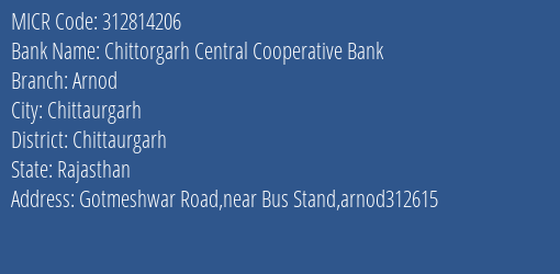 Chittorgarh Central Cooperative Bank Arnod MICR Code