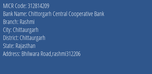 Chittorgarh Central Cooperative Bank Rashmi MICR Code
