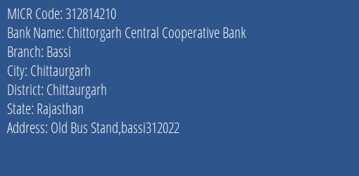 Chittorgarh Central Cooperative Bank Bassi MICR Code