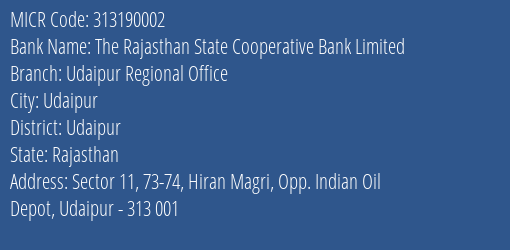The Rajasthan State Cooperative Bank Limited Udaipur Regional Office MICR Code