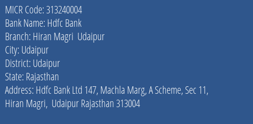 Hdfc Bank Hiran Magri Udaipur MICR Code