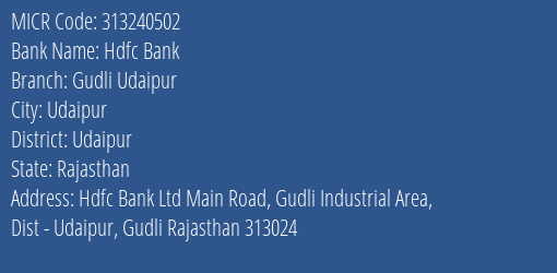 Hdfc Bank Gudli Udaipur MICR Code