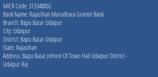 Rajasthan Marudhara Gramin Bank Bapu Bazar Udaipur MICR Code